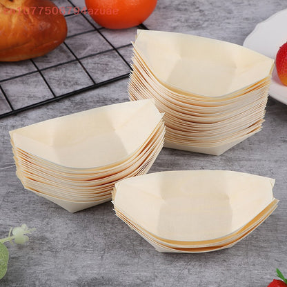 50Pcs Wood Boats Plates Sushi Salad Dessert Bowl Wood Serving Bowl Disposable Sushi Serving Trays Sushi Boat Plates