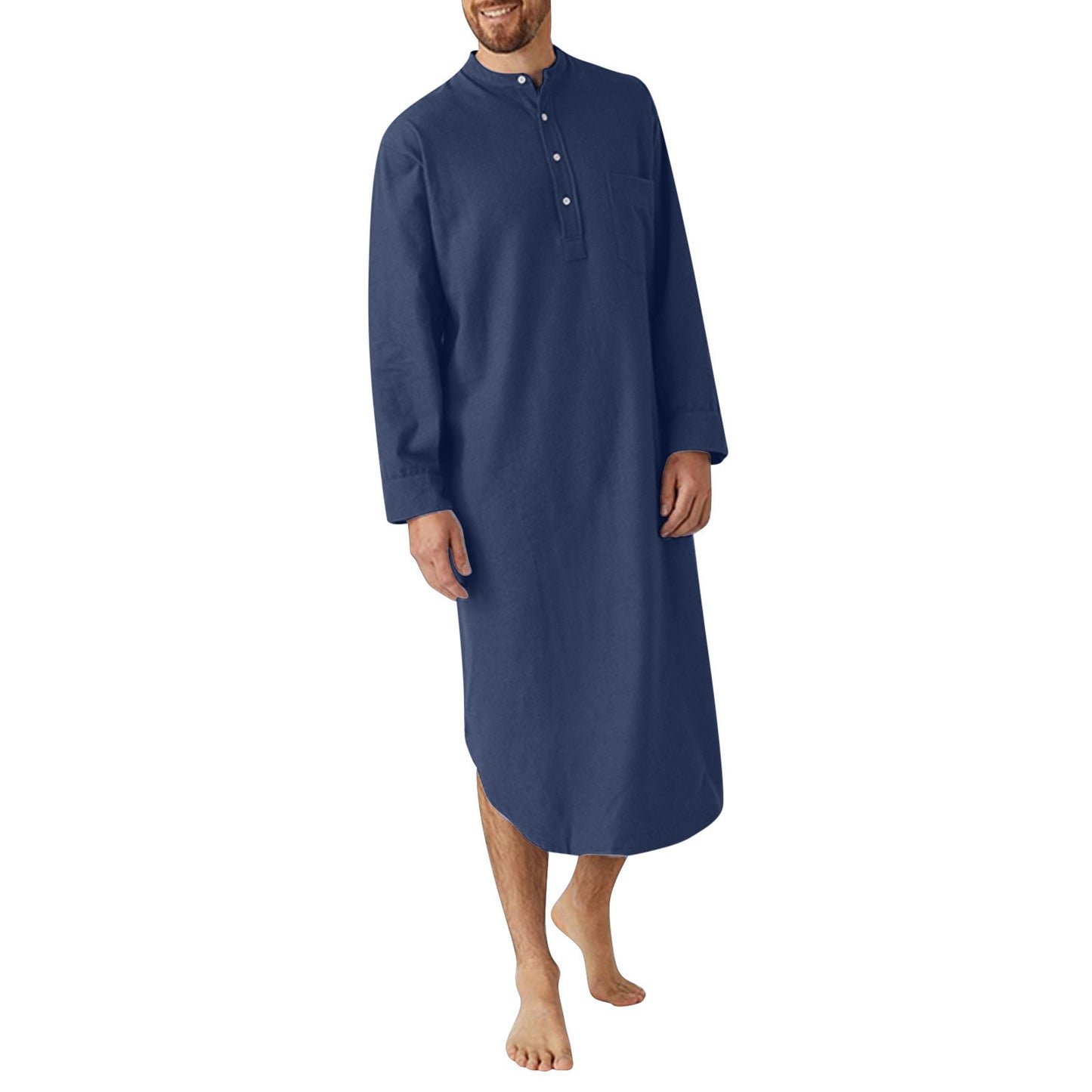Men's Cotton Button-down Sleep Robe Solid Color Stand Neck Long Sleeve Nightgown Fashion Comfortable Home Wear Loose Bathrobe