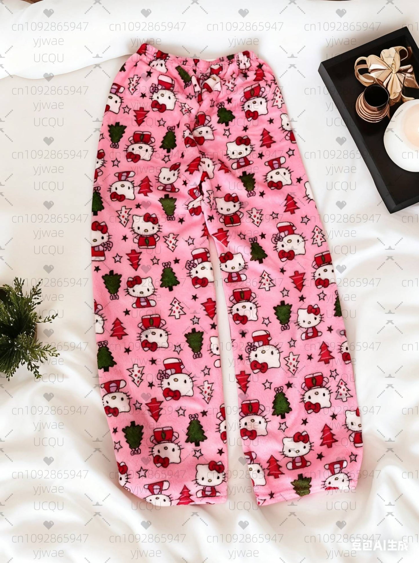 2025 Winter Women Hello Kitty Christmas Tree plush Pajama Pants Soft Trousers Cute Women Casual Home Anime Cartoon  Pajama Pants