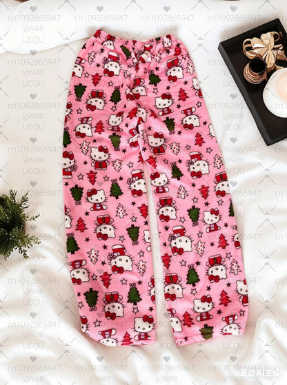 2025 Winter Women Hello Kitty Christmas Tree plush Pajama Pants Soft Trousers Cute Women Casual Home Anime Cartoon  Pajama Pants