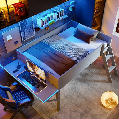 Cama Loft para Jogos de Tamanho Grande com Escrivaninha e Luzes LED, Acabamento Cinza, Design Elegante que Economiza Espaço
