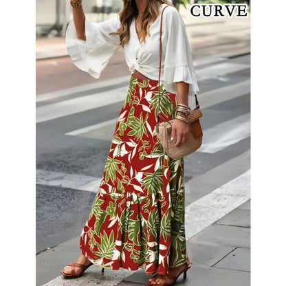 Plus Size Elegant Women Print Elastic Waist Skirt Femme Patchwork Slim SkirtStreetwear Casual Ankle-Length Long Skirt