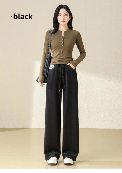 High Waist Straight Leg Jeans Loose Slimming Wide Leg Pants Fashionable Versatile Draping Lengthening Leg Appearances Floor-Leng