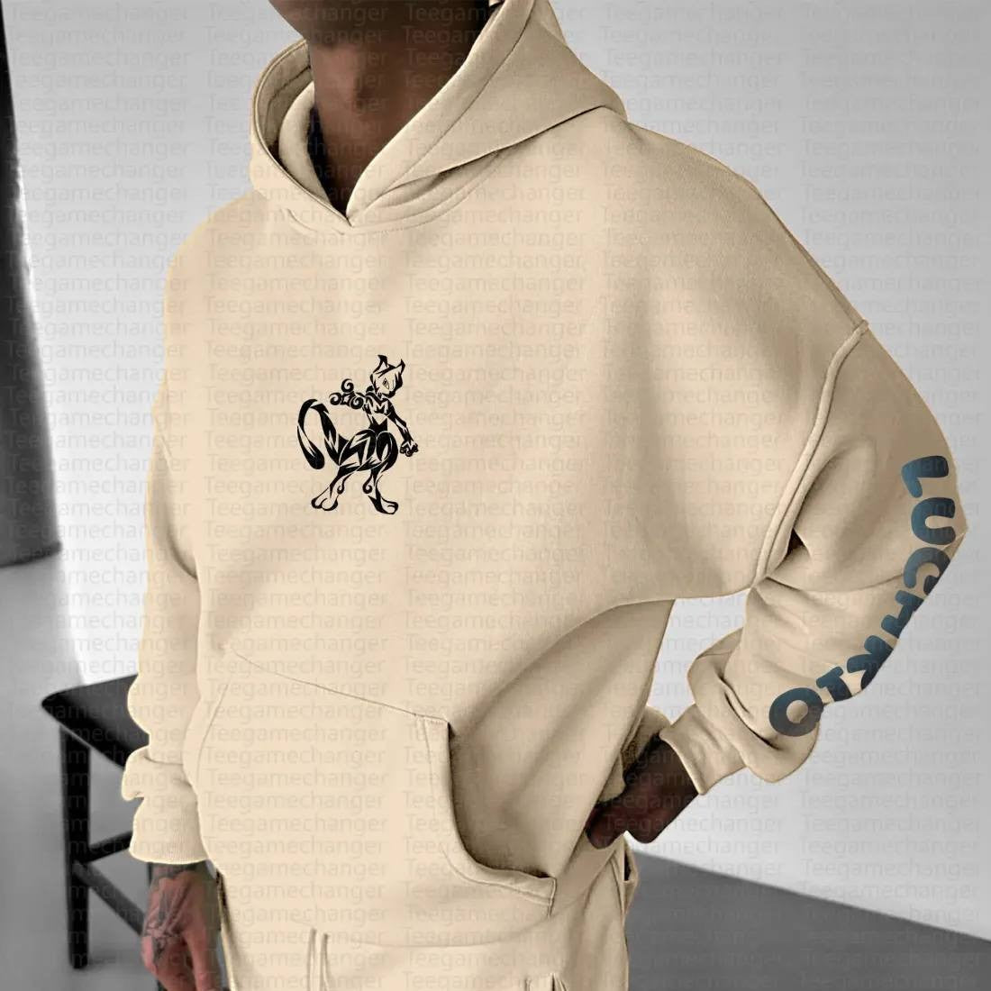 Beige Cotton Pokemon Hoodie Set with Lucario Character Back Print and Sleeve Text Design Long Sleeve Casual Outfit Unisex