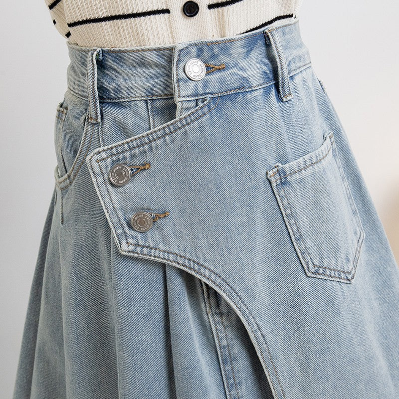 Plus Size Denim A Line Skirt With Lining 2024 Summer New Korean Fashion Pleated Midi Jean Skirt Woman Blue Color Jeans Skirts