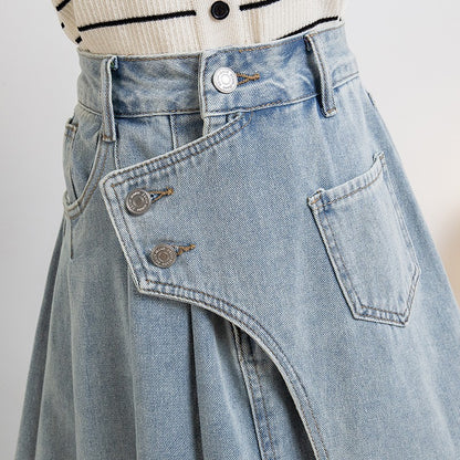 Plus Size Denim A Line Skirt With Lining 2024 Summer New Korean Fashion Pleated Midi Jean Skirt Woman Blue Color Jeans Skirts
