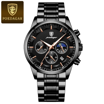 POEDAGAR Top Fashion Men's Watches Waterproof Luminous Stainless Steel Men Wristwatch Chronograph Date Quartz Business Man Watch
