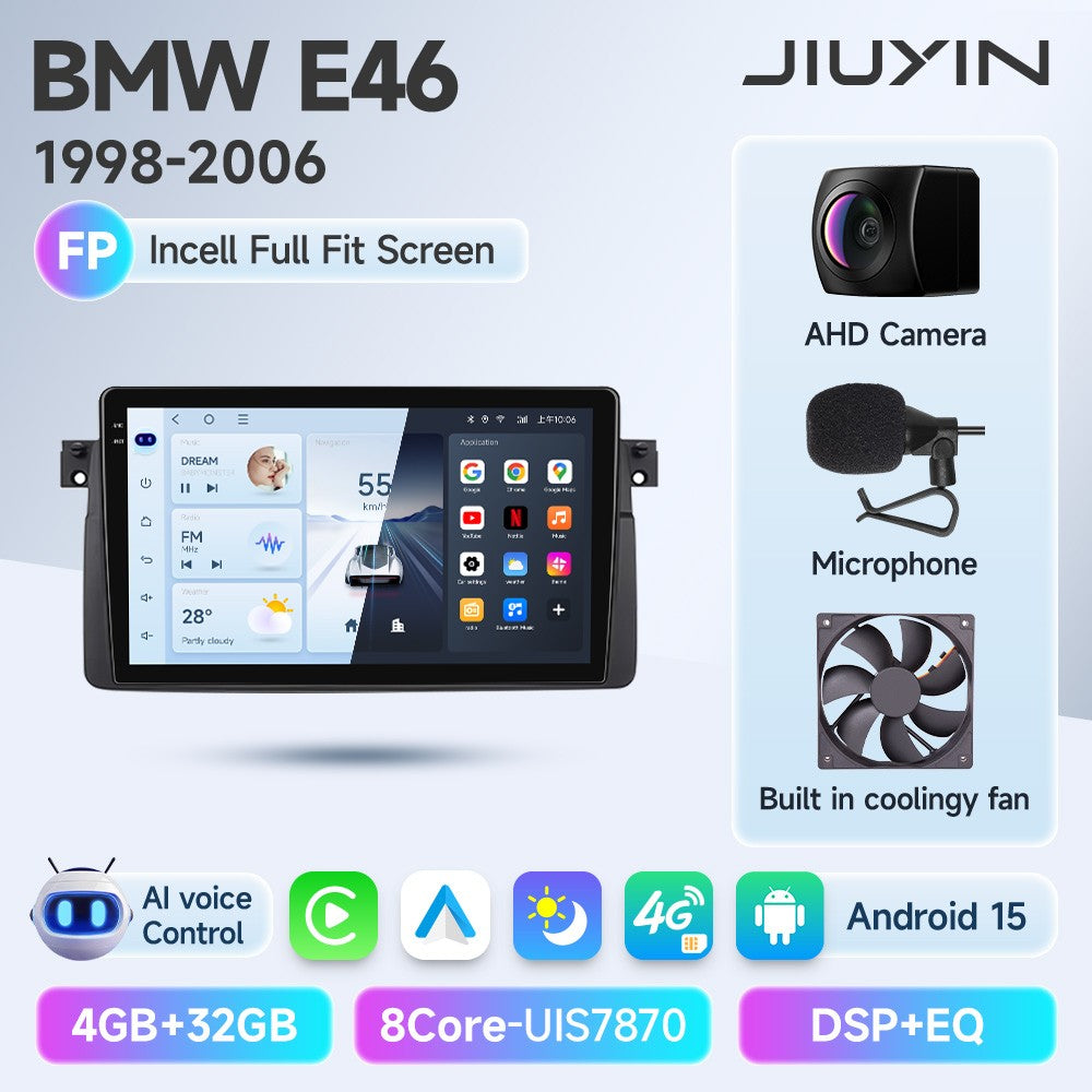 JIUYIN Android 15 Wireless Carplay Auto Rádio Estéreo Multimídia Automotivo Para BMW E46 M3 318 320 325 330 335 1998-2006 IPS