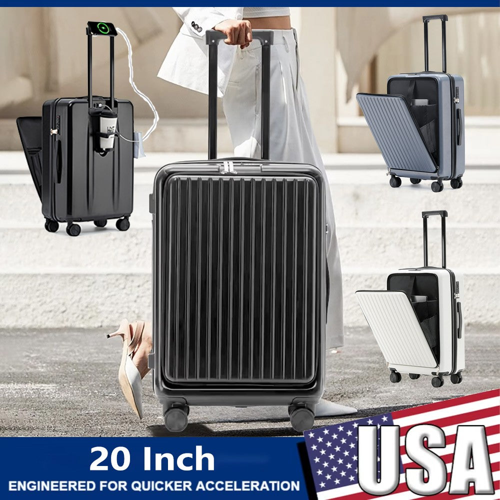 Mala de Viagem de Bordo com Abertura Frontal 20 Polegadas, Rodas Giratórias, para Homens e Mulheres, com Fechadura TSA, Carregamento USB