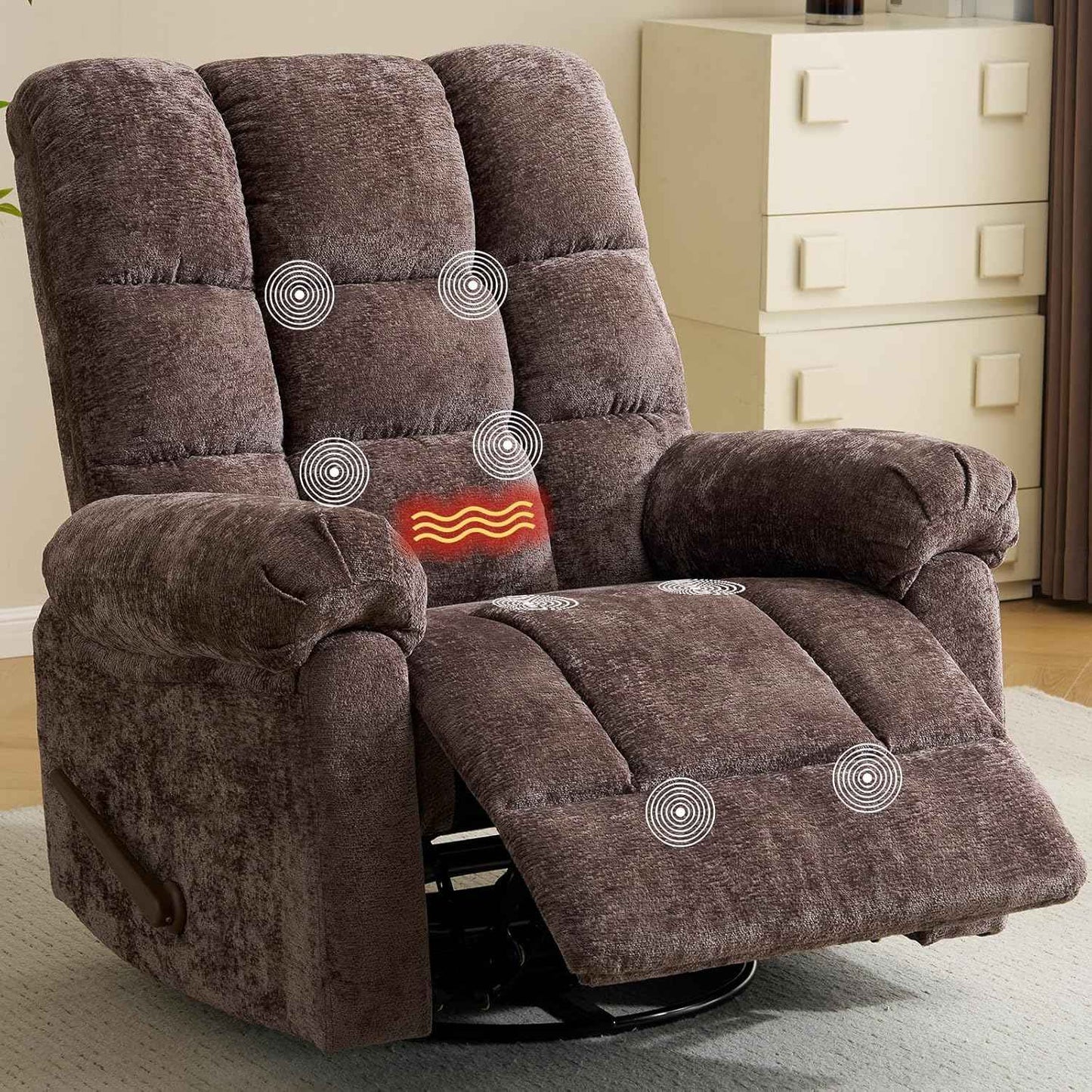 Oversized Swivel Rocker Recliner with Massage and Heat, 26" Extra Wide Manual Recliner for Adults & Big Man, Overstuffed Rocking