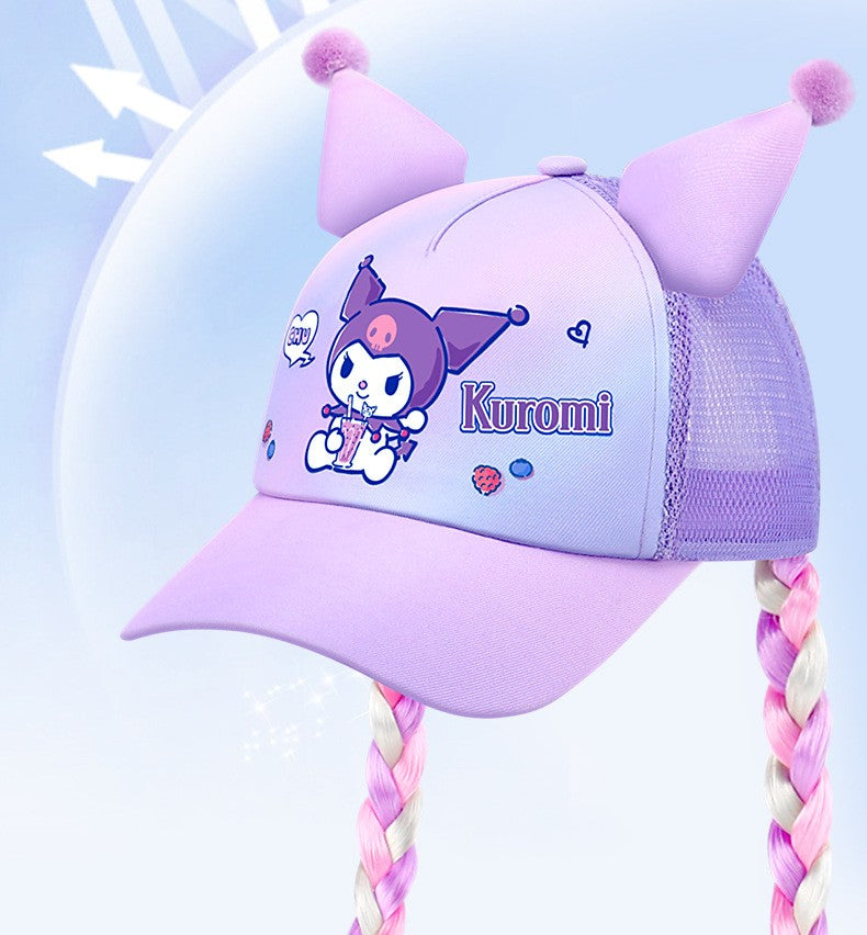 Sanrio Kuromi Baseball Cap Summer Sun Hats for Girl  Breathable Visor Hat  Kawaii Wig Braid Cute Kids Children Aged 5-10 Sunhat