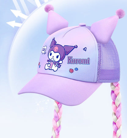 Sanrio Kuromi Baseball Cap Summer Sun Hats for Girl  Breathable Visor Hat  Kawaii Wig Braid Cute Kids Children Aged 5-10 Sunhat