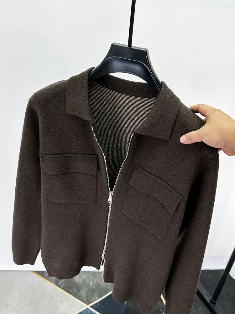 Premium Zipper Collar Wool Cardigan Men's Casual Coat Autumn/Winter Luxury Pocket Design Solid Color Casual Warm Sweater Jacket