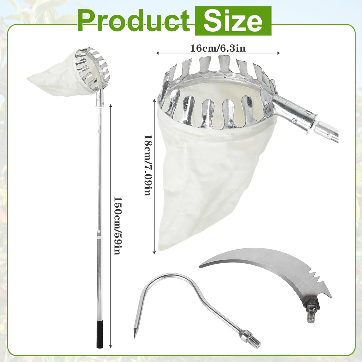3.2M Fruit Picker Tool Metal Gardening Orchard Picking Tool with Storage Bag Fruit Catcher for Cherry Berry Orange Lemon Pear