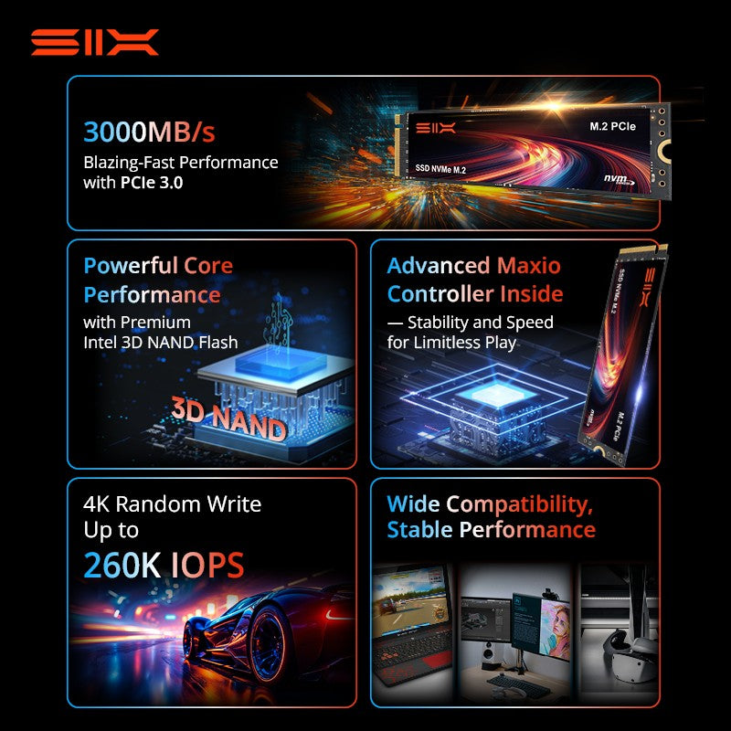 SIX X4000 3000MB/s M.2 PCIe 3.0 SSD 512GB, Unidade de Estado Sólido Interna, 260K IOPS, 300TBW, Armazenamento de Alta Velocidade para Desktop/Laptop