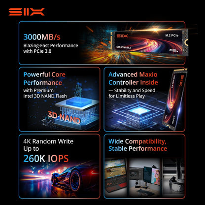 SIX X4000 3000MB/s M.2 PCIe 3.0 SSD 512GB, Unidade de Estado Sólido Interna, 260K IOPS, 300TBW, Armazenamento de Alta Velocidade para Desktop/Laptop