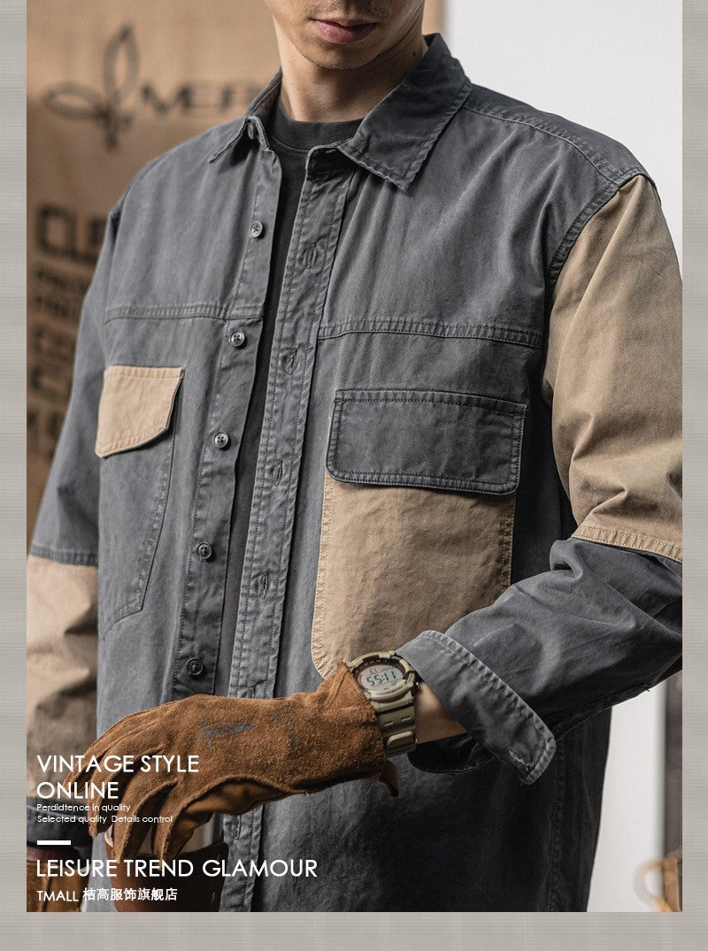 Spring and autumn new American vintage khaki loose long-sleeved shirt Japanese casual cargo shirt men's patchwork trend top