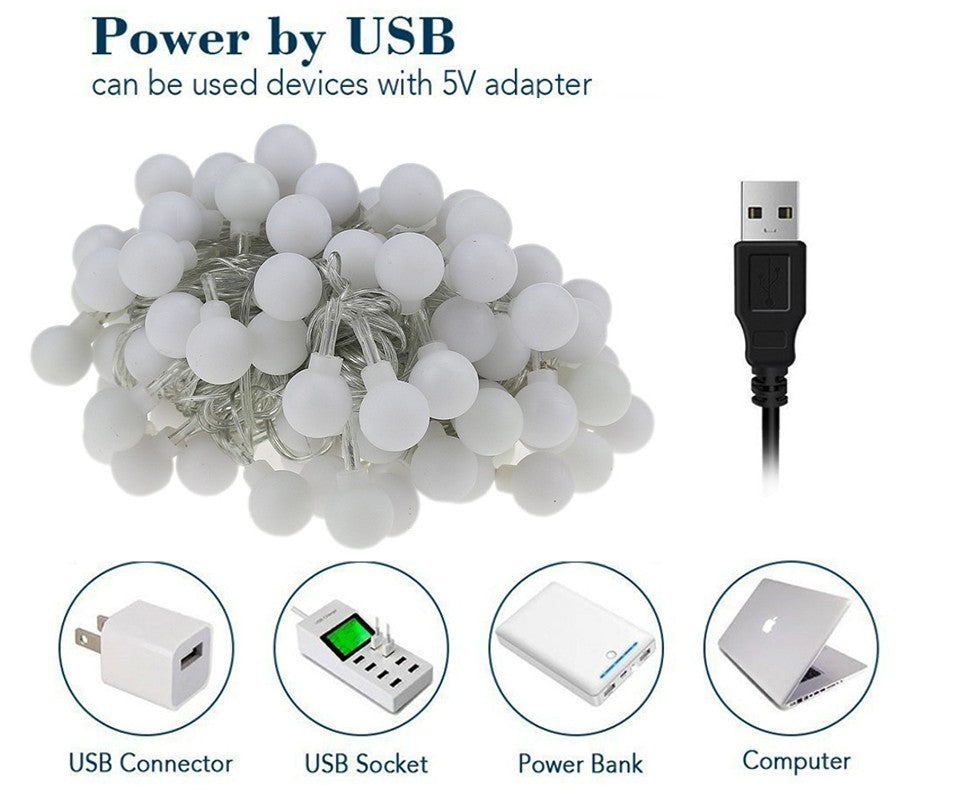 10M 80LED USB Ball String Lights Globe Fairy Lights Waterproof Garland Lights Warm White for Outdoor Wedding Party Garden Home