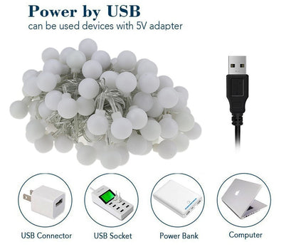 10M 80LED USB Ball String Lights Globe Fairy Lights Waterproof Garland Lights Warm White for Outdoor Wedding Party Garden Home