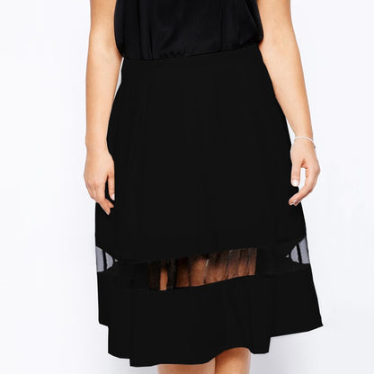 Plus Size Elastic Waist Summer Elegant A-line Skirt Women Mesh Panel Formal Pleated Midi Skirt Large Size Casual Flare Skirt 6XL