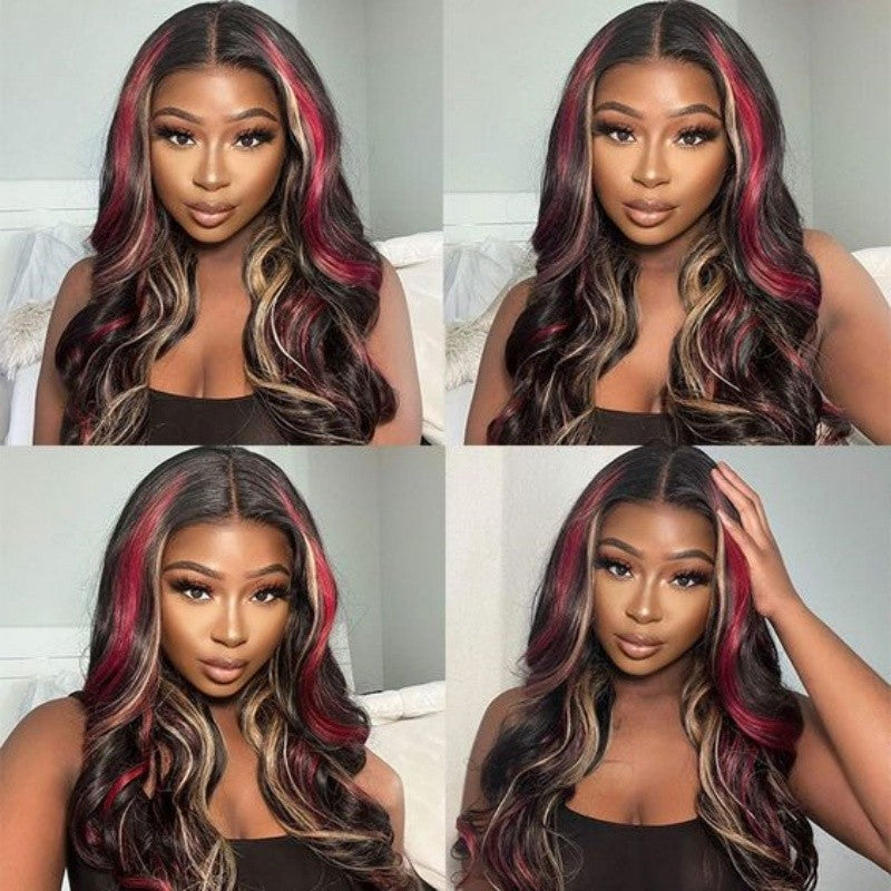 Peruca frontal de renda 13X6 preta com destaque loiro vermelho peruca sintética 13x4 pré-selecionada com linha do cabelo peruca frontal de renda feminina