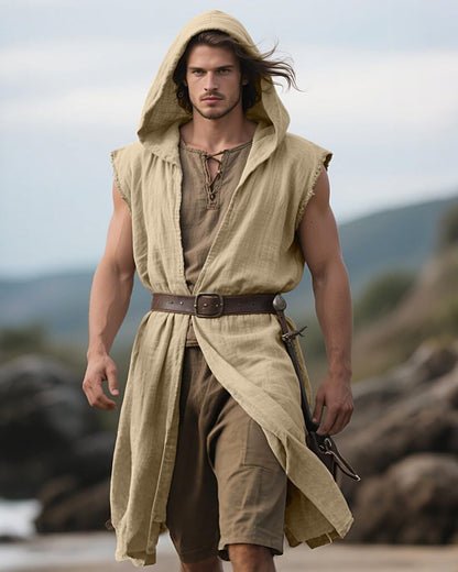Men's Medieval Hooded Surcoat Renaissance Tabard Sleeveless Tunic Cloak Viking Costume Holloween Assassin Cosplay