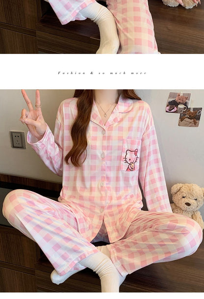Hello Kitty and Plaid Pajama Set for Women Winter Checked Sleepwear Long Sleeve Home Outfit Autumn Loungewear Korean Fashion