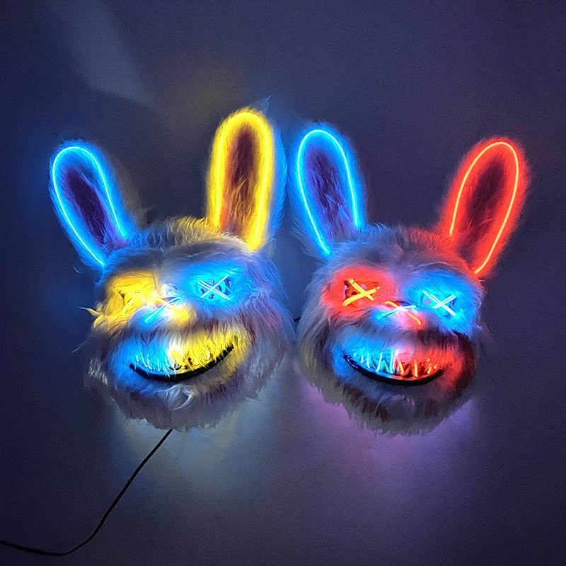 LED Bloody Rabbit Mask Glowing Killer Black Bear Mask Halloween Dance Party Cosplay Costume Props Assassinated Plush Rabbit Mask