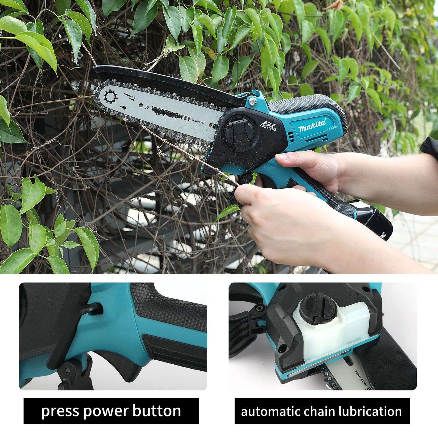 Motosserra Elétrica Makita: Curso de 20 mm, Velocidade de 8,0 m/s, equipada com Defletor Antirespingos e Corrente Automática