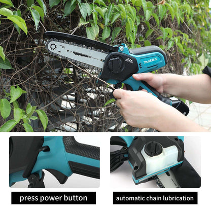 Motosserra Elétrica Makita: Curso de 20 mm, Velocidade de 8,0 m/s, equipada com Defletor Antirespingos e Corrente Automática
