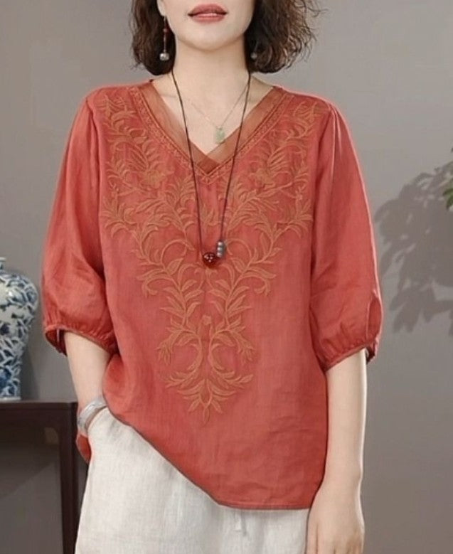 Summer New Literary Vintage Embroidery Cotton Linen Shirt Ladies Half Sleeve Loose Casual Fashion Blouse Women's Clothing Tops