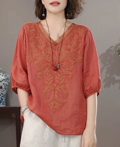 Summer New Literary Vintage Embroidery Cotton Linen Shirt Ladies Half Sleeve Loose Casual Fashion Blouse Women's Clothing Tops