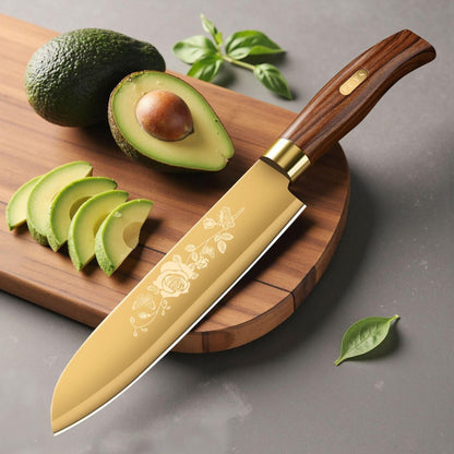 Conjunto de Facas de Cozinha Douradas de Luxo - Lâminas de Aço Inoxidável de 4 Peças com Revestimento de Titânio. Cabos Ergonômicos. Facas de Alta Performance