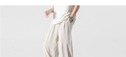 Summer Large Size Linen Cotton Wide Leg Pants Men Casual Comfortable Loose Fit Straight Leg Trousers Long Pants