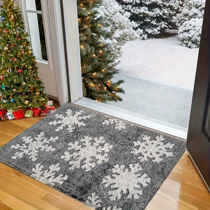 VIKAMA 1PC Winter Christmas Floor Mat 2D Print White Snowflake Pattern Bathroom Kitchen Entrance Home Bedroom Holiday Decor Rug
