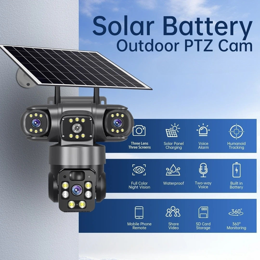 WiFi Solar Camera Three Lenses Outdoor 15MP 8K HD Low Power Battery IP Camera PIR Night Vision V380 Pro CCTV Security Protection