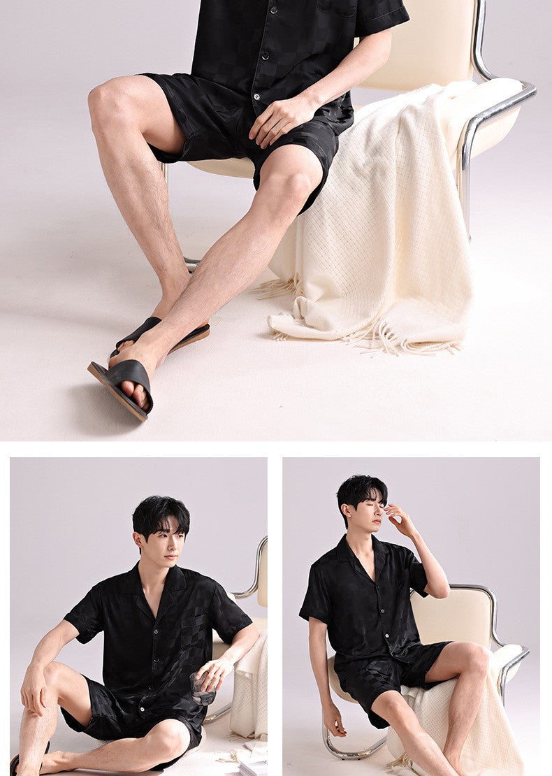 Ice Silk Pajamas Men's Spring and Summer Light and Breathable Simulation Silk Satin Short-sleeved Shorts Youth Simple Loungewear