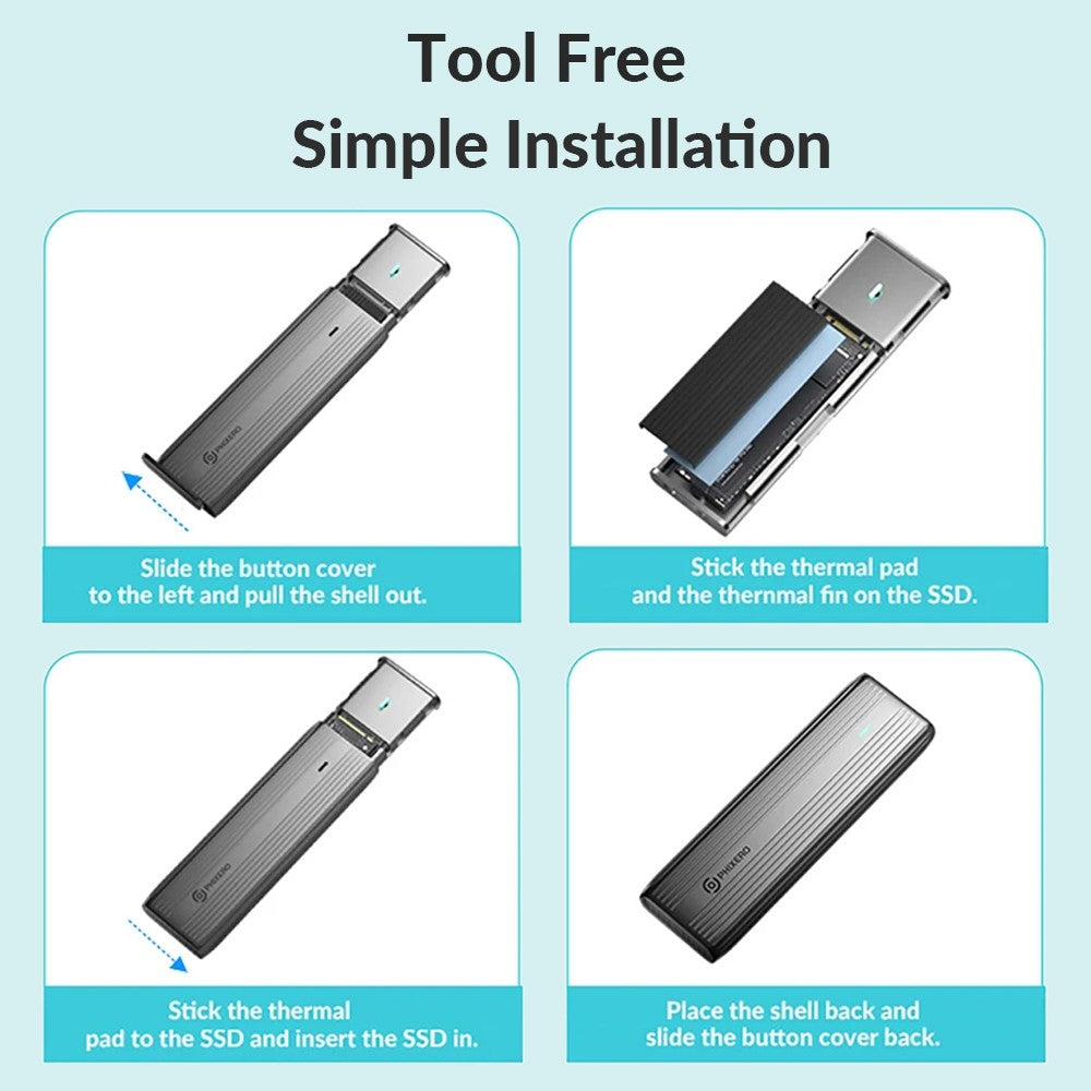 PHIXERO M.2 NVMe SATA SSD Enclosure Duplo Protocolo NVMe para Adaptador USB 10Gbps USB 3.1 Gen2 USB C Case Externo Liga de Alumínio