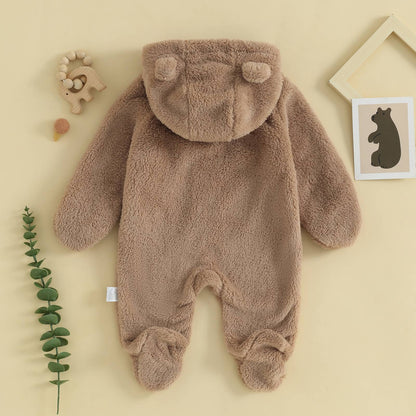 0-12M Baby Plush Warm Jumpsuits Boys Girls Long Sleeve Hooded Zipper Romper Newborn Infant Fall Winter Clothes