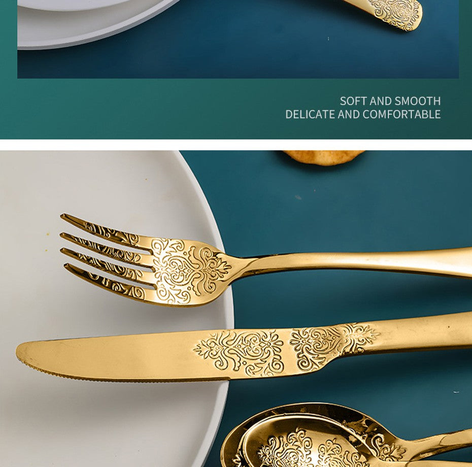 16/24Pcs Silverware Set,304 Stainless Steel Gold Cutlery Kit Mirror Polished Flatware Sets Vintage Carved Utensils Set Tableware