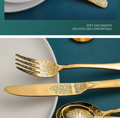 16/24Pcs Silverware Set,304 Stainless Steel Gold Cutlery Kit Mirror Polished Flatware Sets Vintage Carved Utensils Set Tableware
