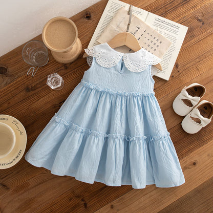 Baby Girl Clothes Summer Cotton Solid Color Lapel Sleeveless Baby Girl Dresses Cute Girls Beach Dresses