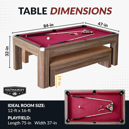 7 Foot Dining Pool Table Combo with Game Accessories 2 Benches Multifunctional Billiards Table with Ping Pong Dining Top Light