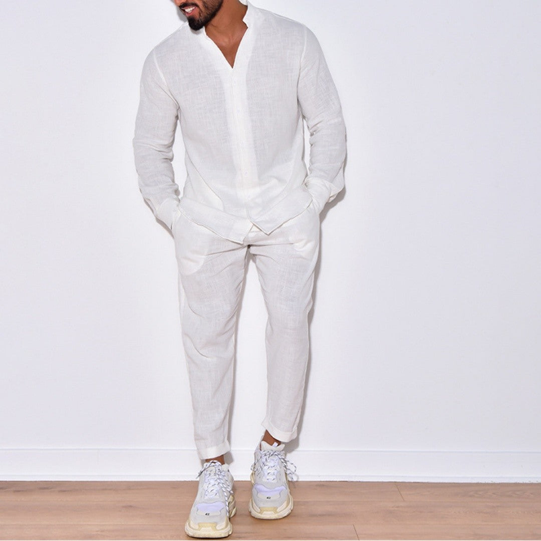 Autumn men's new fashion solid color suit cotton cardigan lapel long sleeve pants suit