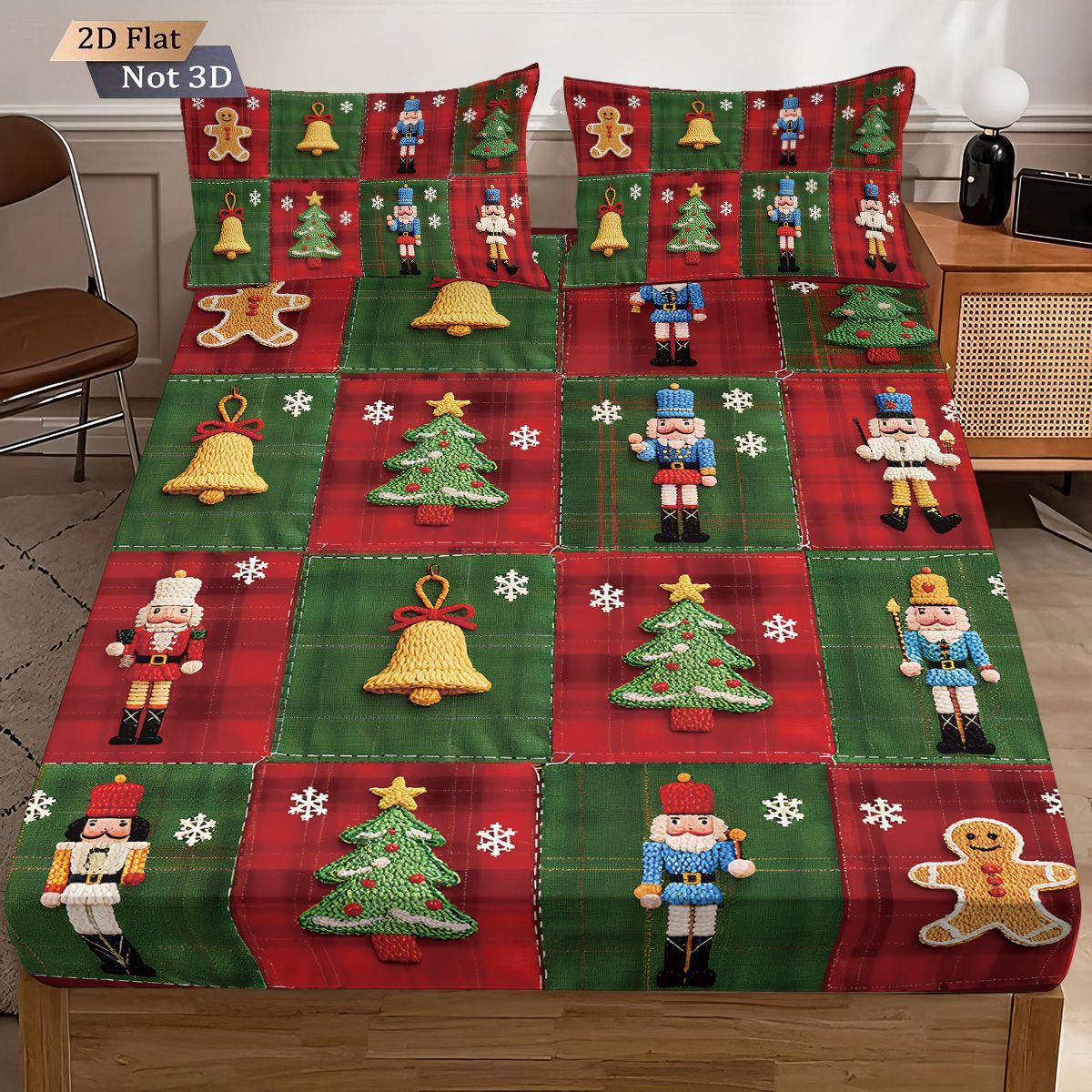 Conjunto de 3 peças de lençol sem elástico com estampa de Natal e emenda de tecido, vários tamanhos, colcha macia, decoração de quarto, lavável à máquina