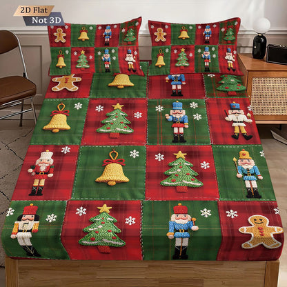Conjunto de 3 peças de lençol sem elástico com estampa de Natal e emenda de tecido, vários tamanhos, colcha macia, decoração de quarto, lavável à máquina