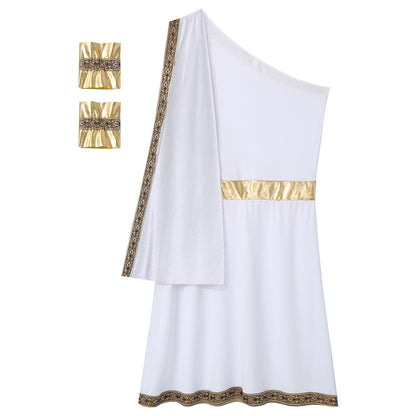 Mens Ancient Greek Toga Roman King Prince Cosplay Costume Halloween One Shoulder Embroidered Robe Dress Theme Party Outfits
