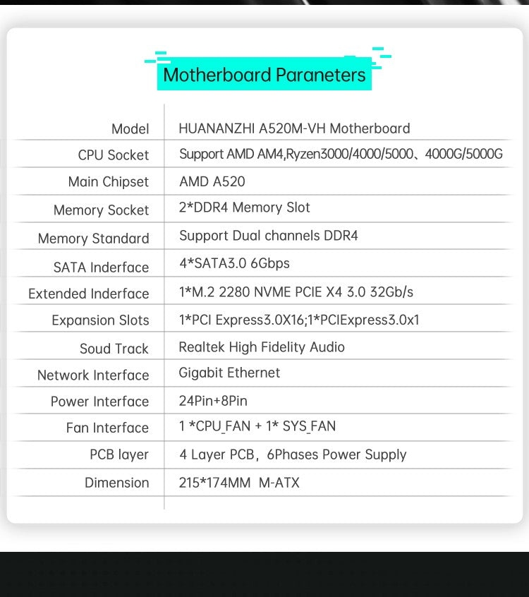 HUANANZHI A520M VH AMD AM4 Motherboard Support Ryzen ( 3600 4650G 5500G 5600 5600G 5600X 5800X) M.2 NVME Dual Channel DDR4 RAM