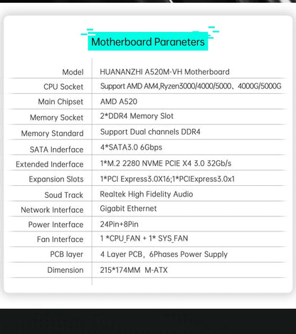 HUANANZHI A520M VH AMD AM4 Motherboard Support Ryzen ( 3600 4650G 5500G 5600 5600G 5600X 5800X) M.2 NVME Dual Channel DDR4 RAM