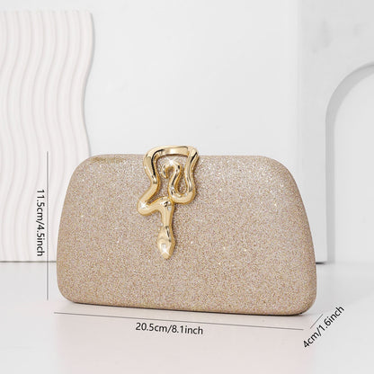 Women’s Luxury Glitter Snake Lock Clutch Elegant Evening Bag Shiny Envelope Bag Handbags Wedding Banquet Party Dress with Chain